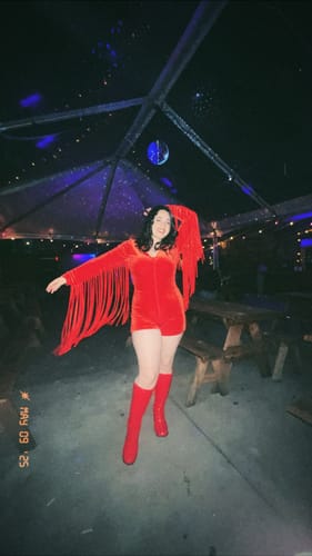 Customer photo review of Cherry Bomb Fringe Romper