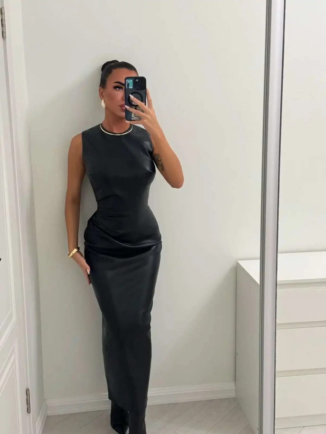 Customer photo review of PU Leather Maxi Dress High Waist Sleeveless Bodycon — Chocolate Brown | KIMLUD