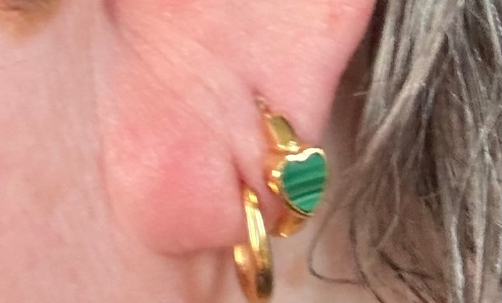 Customer photo review of Modern Love Heart Huggie Hoops with Malachite