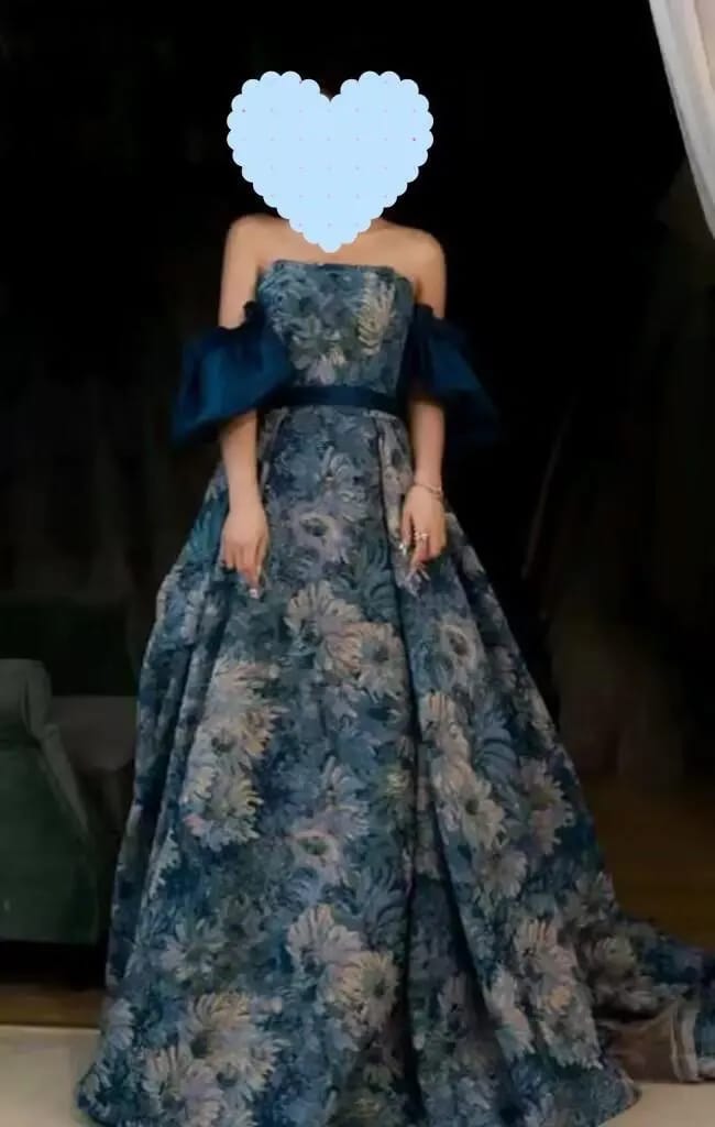 Customer photo review of Satin Flora Print Strapless A-Line Gown With Puff Sleeves — Blue | KIMLUD
