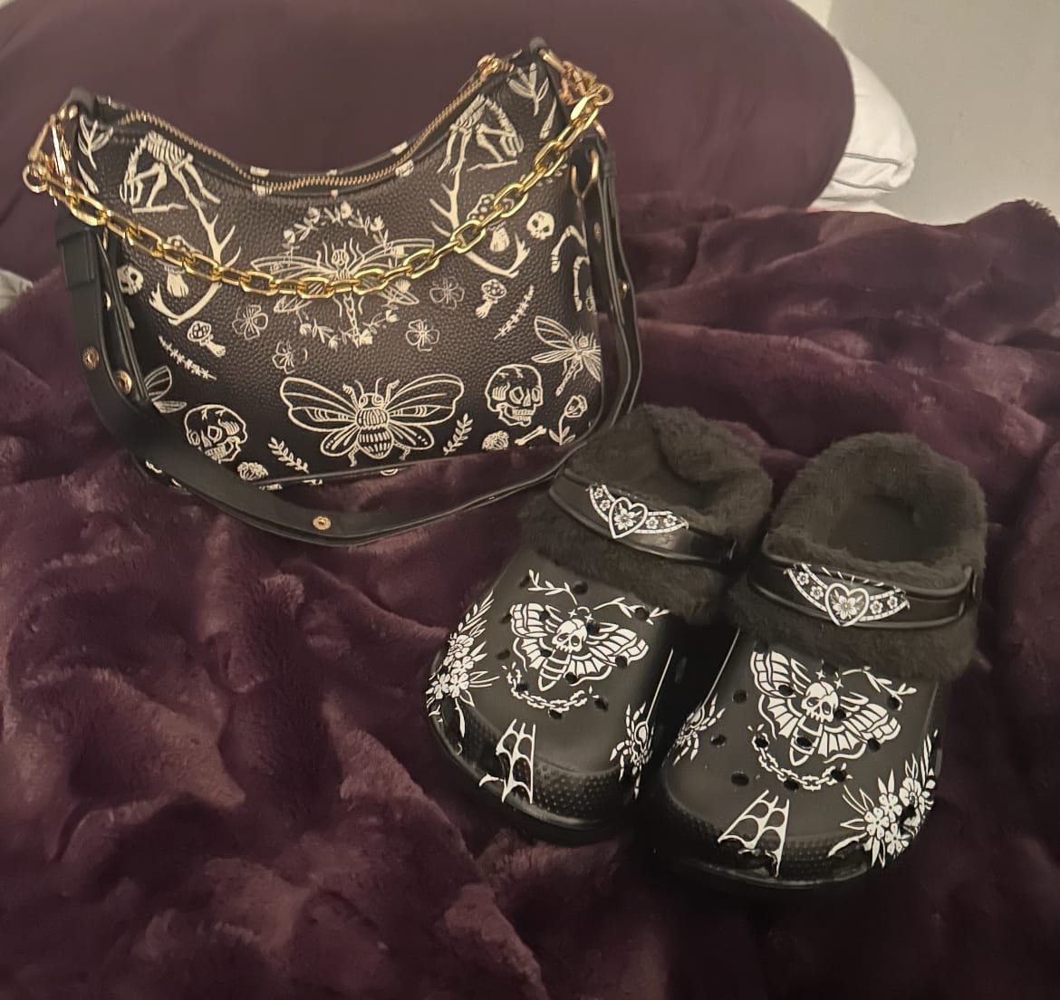 Customer photo review of Death Moth Vintage Print - Fur Lined Slippers/Sandals