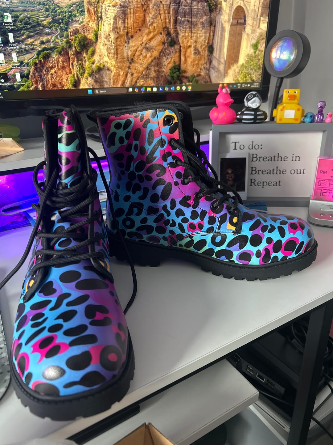 Customer photo review of Rainbow Leopard Women's Leather Combat Boots, Animal Print Lace Up Shoes Hiking Festival Black Ankle Work Winter Casual Custom Gift