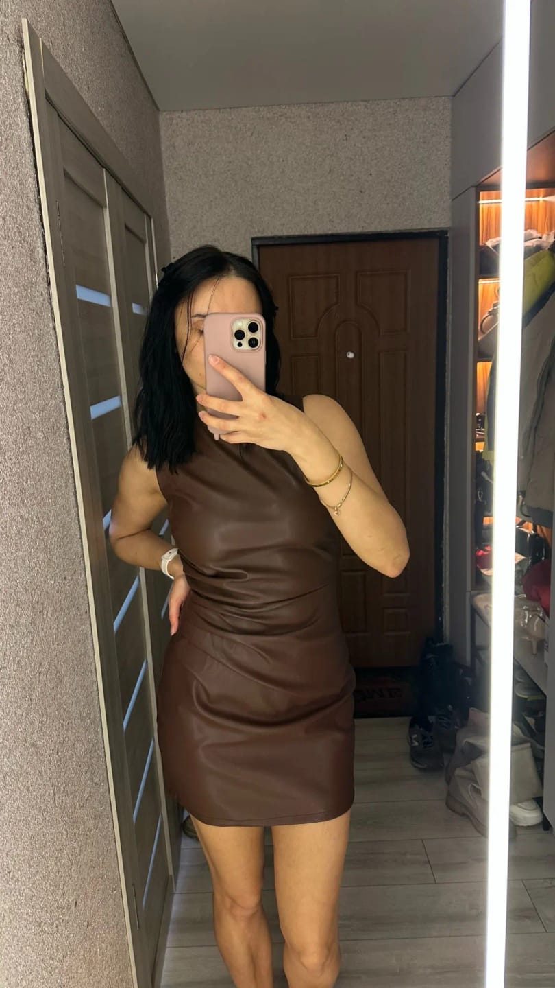 Customer photo review of PU Leather Maxi Dress High Waist Sleeveless Bodycon — Chocolate Brown | KIMLUD