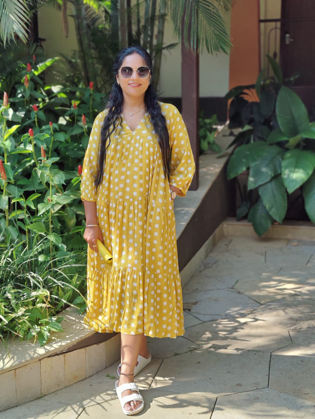 Customer photo review of Bonjour Yellow Polka Modal Maxi Dress