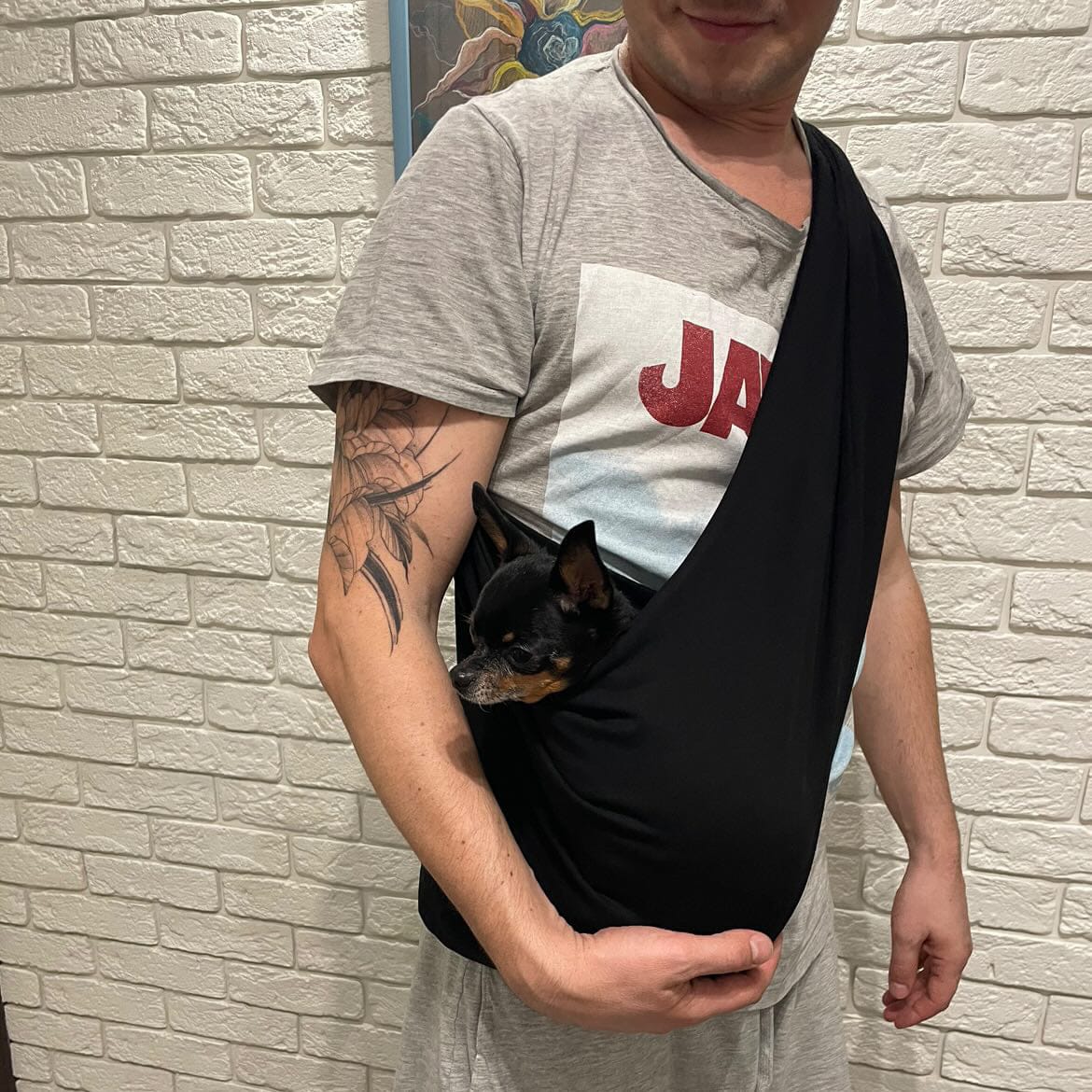 Customer photo review of Lightweight Pet Sling – Black – Up to 11 lbs / 5 kg (Spring/Summer)