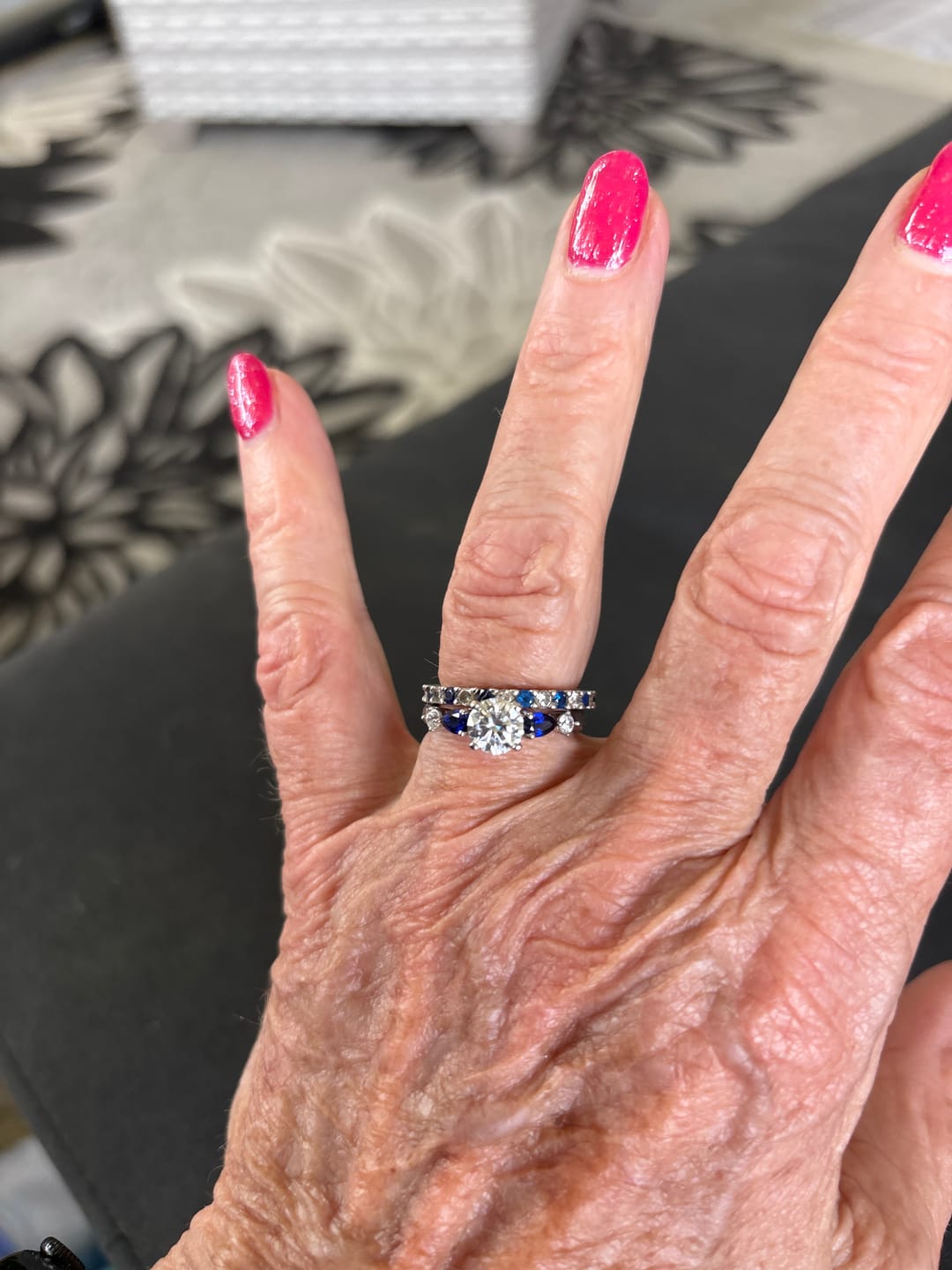Customer photo review of Five Stone Moissanite And Sapphire Engagement Ring