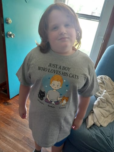 Customer photo review of Just A Boy Loves Cats Personalized Youth Shirt
