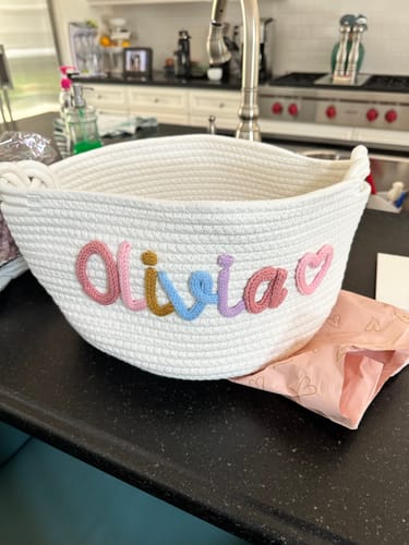 Customer photo review of Baby Knits™  Multicolor Personalized Knitted Basket