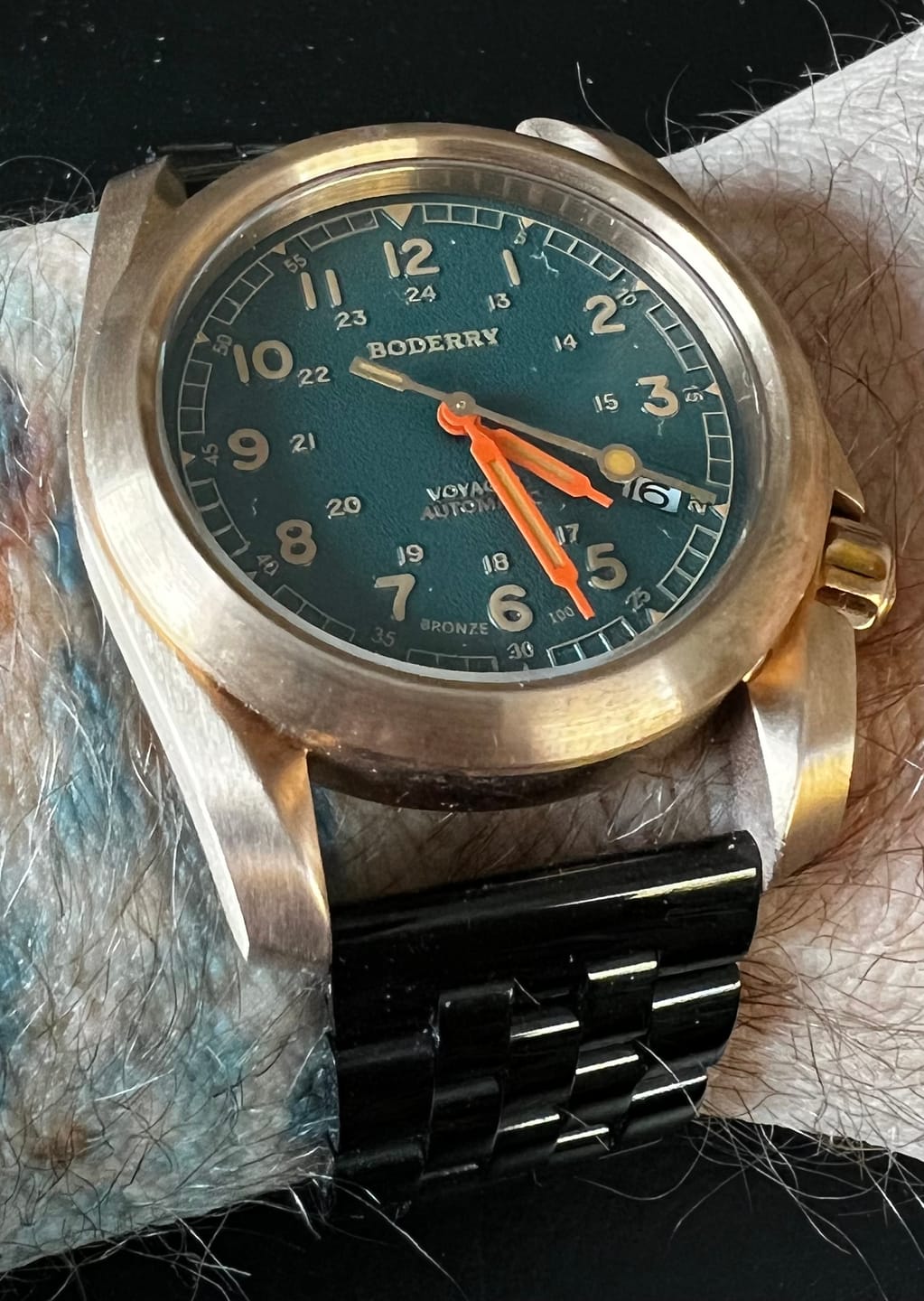 Customer photo review of VOYAGER - 100M Waterproof Bronze Automatic Field Watch | Sandstone Green