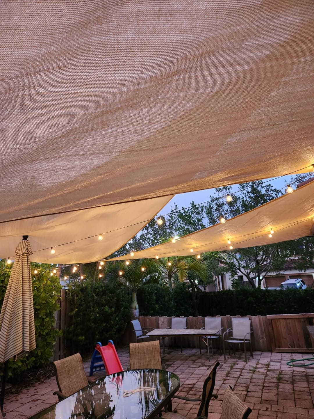 Customer photo review of Custom Sized HDPE Breathable UV Block Triangle Sun Shade Sail for Patio/Pool