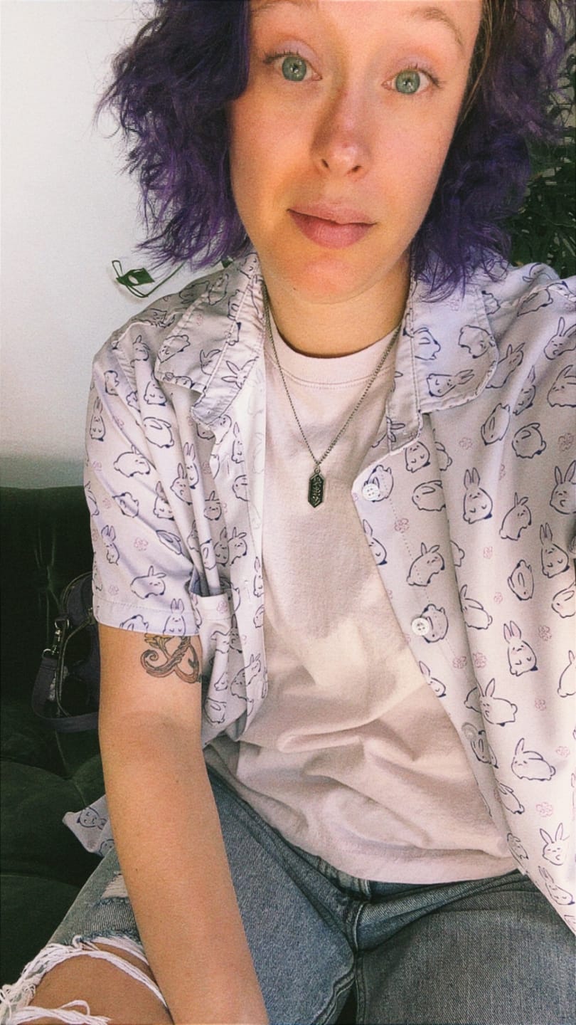 Customer photo review of Lilac Anime Bunnies Button Up Shirt