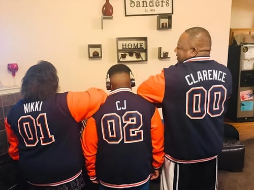 Customer photo review of Custom Red Black-White Raglan Sleeves Varsity Full-Snap Letterman Jacket