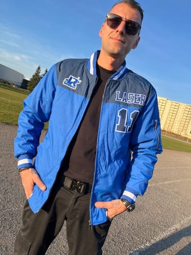Customer photo review of Custom Red Black-White Raglan Sleeves Varsity Full-Snap Letterman Jacket