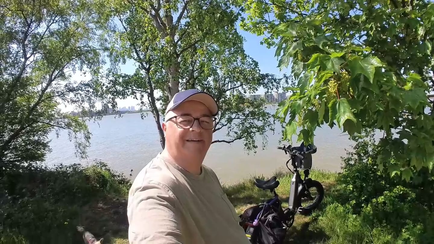 A view of the London skyline from the Thames footpath, taken during an e-bike ride.