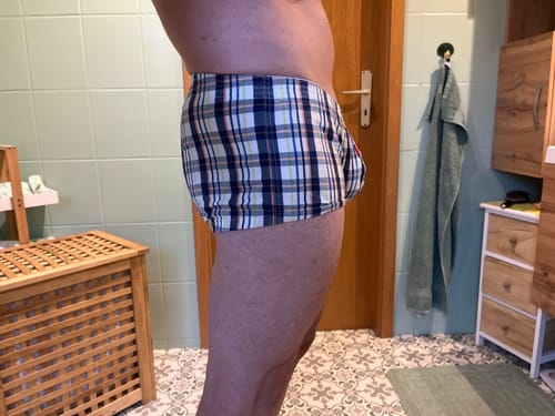 Customer photo review of Mens Plaid Front Pouch Boxer Shorts