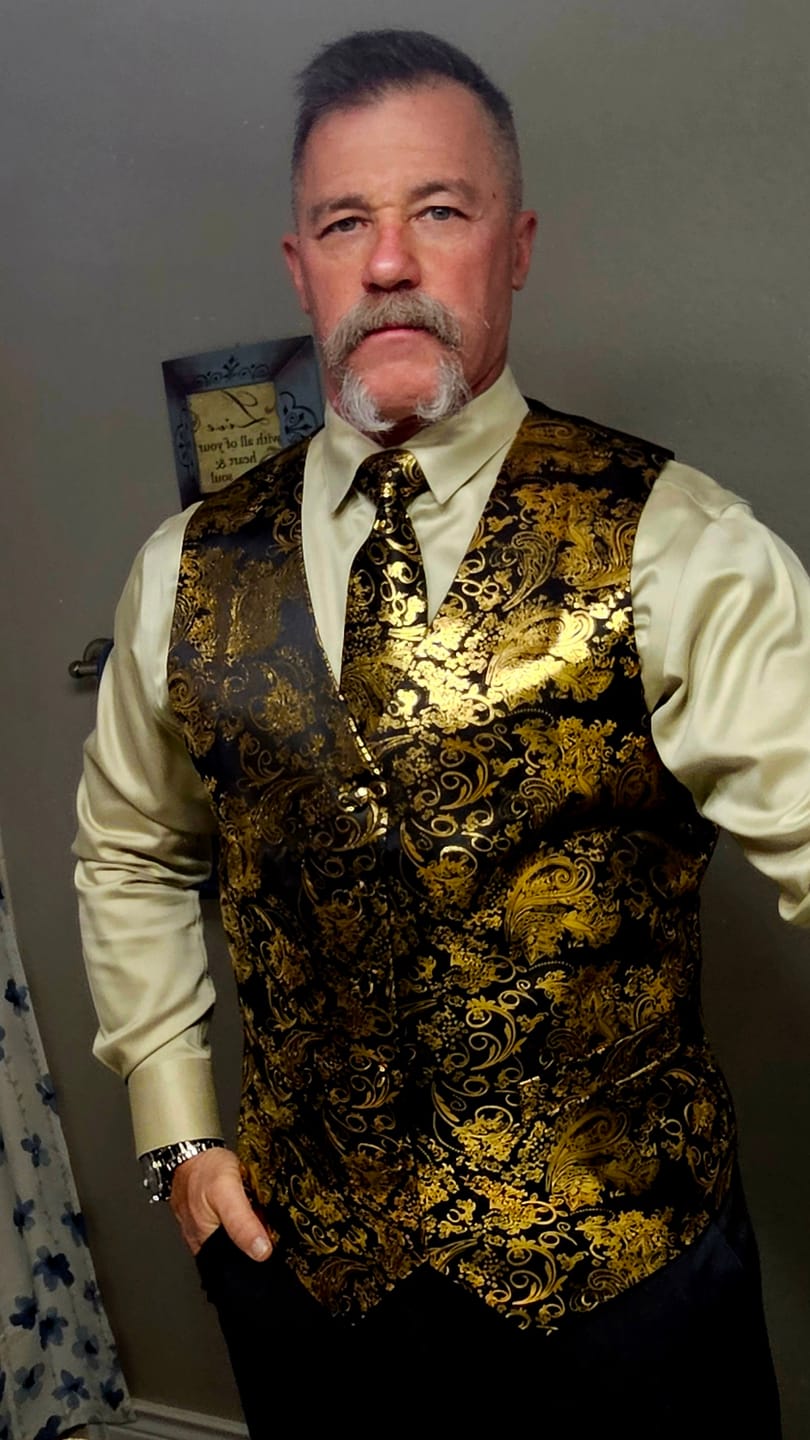 Customer photo review of Men's Golden Floral Silk Vest Necktie Pocket square Cufflinks Set