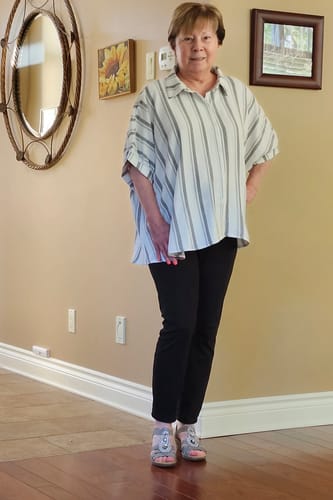 Customer photo review of Zen Striped Button Down Tee (White/Grey)