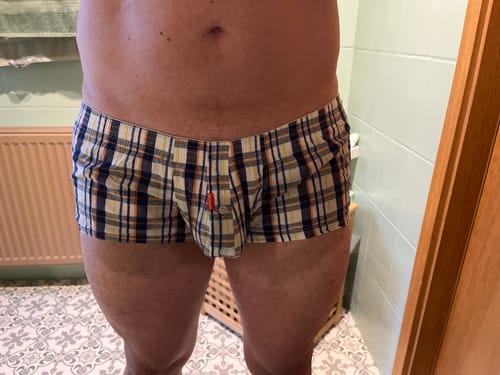 Customer photo review of Mens Plaid Front Pouch Boxer Shorts