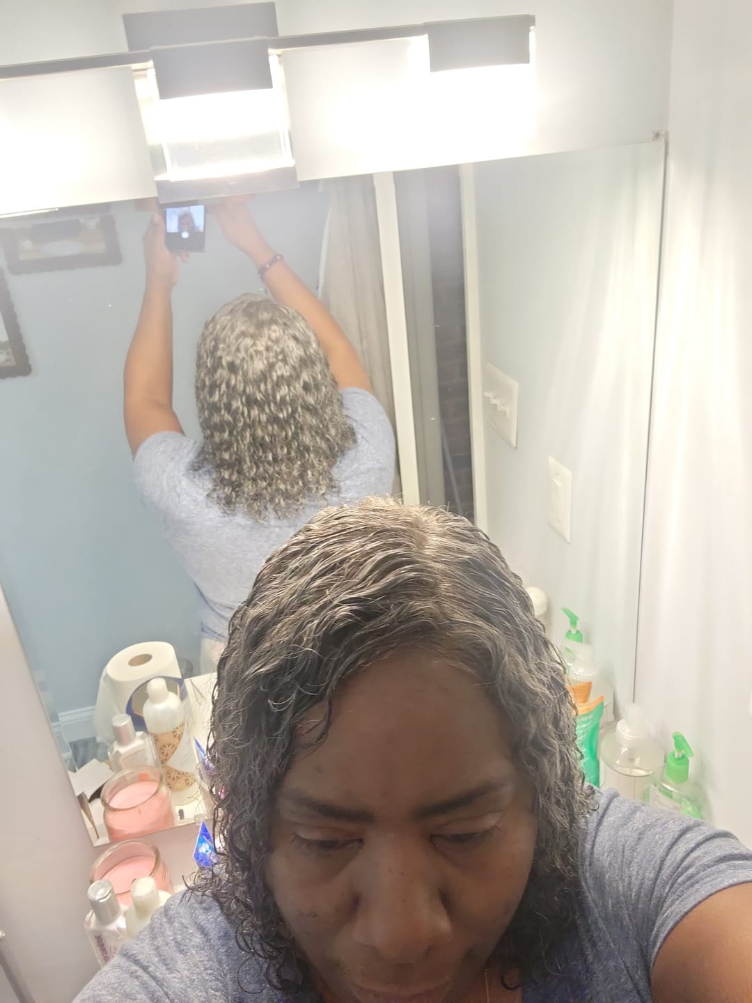 Customer photo review of Luvwin 5x5 Deep Curly Salt And Pepper Glueless Gray Color Pre-Cut Lace Bob Wig