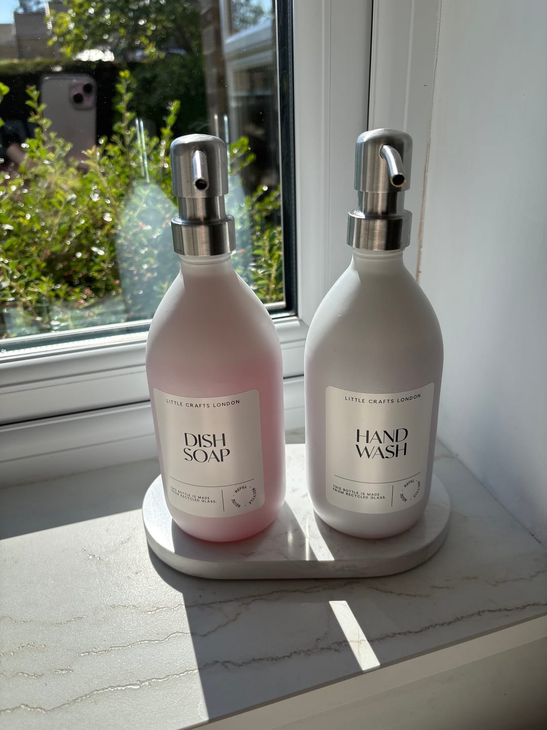 Customer photo review of Set of 2 Milky White Glass Bottle 500 ML with Stainless Steel Pump & Small Tray (White Label)