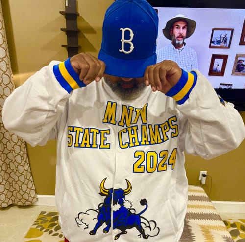 Customer photo review of Custom White Royal-White Raglan Sleeves Varsity Full-Snap Letterman Jacket