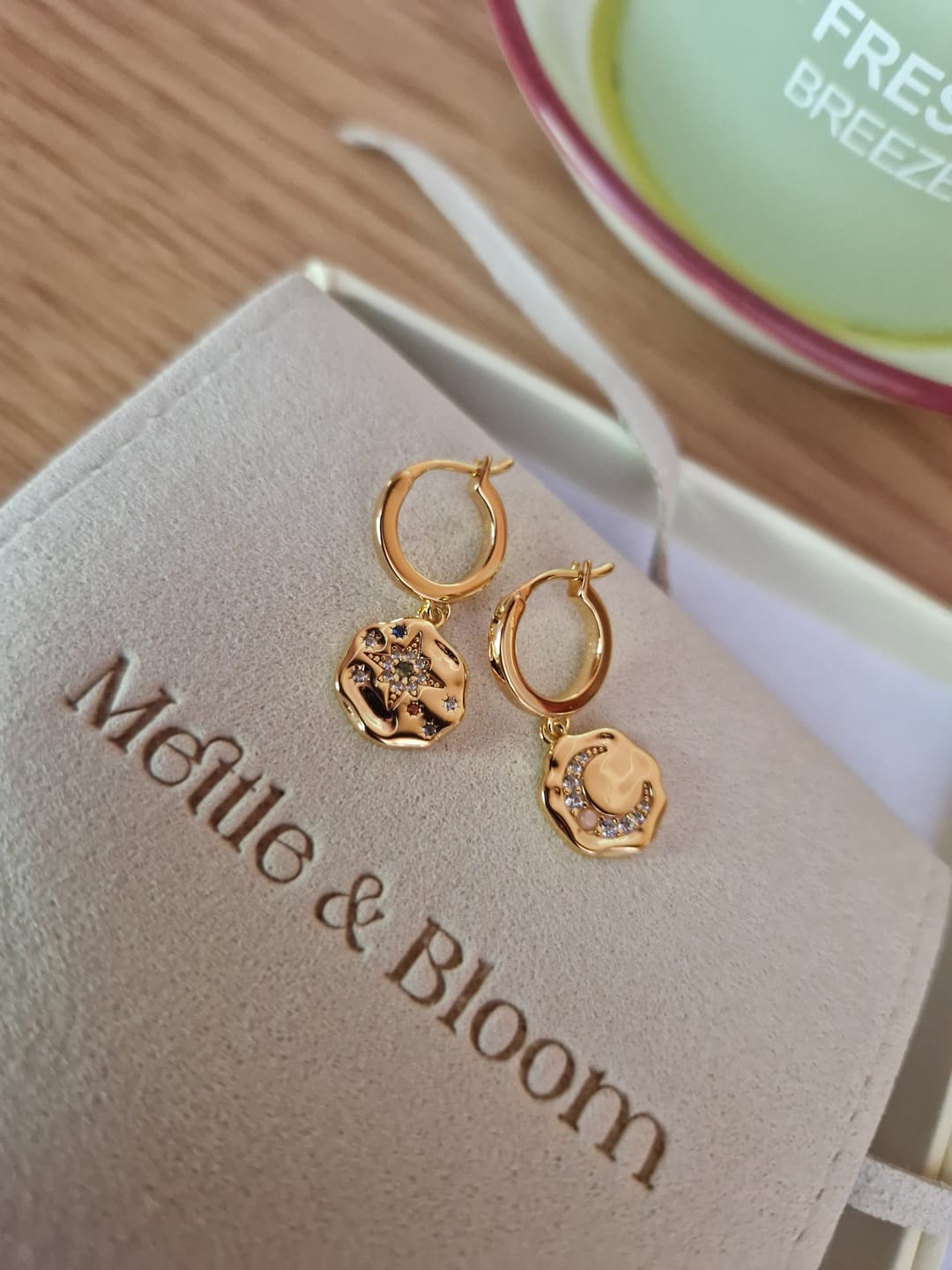 Customer photo review of My Sun, Moon & Stars Drop Earrings in gold