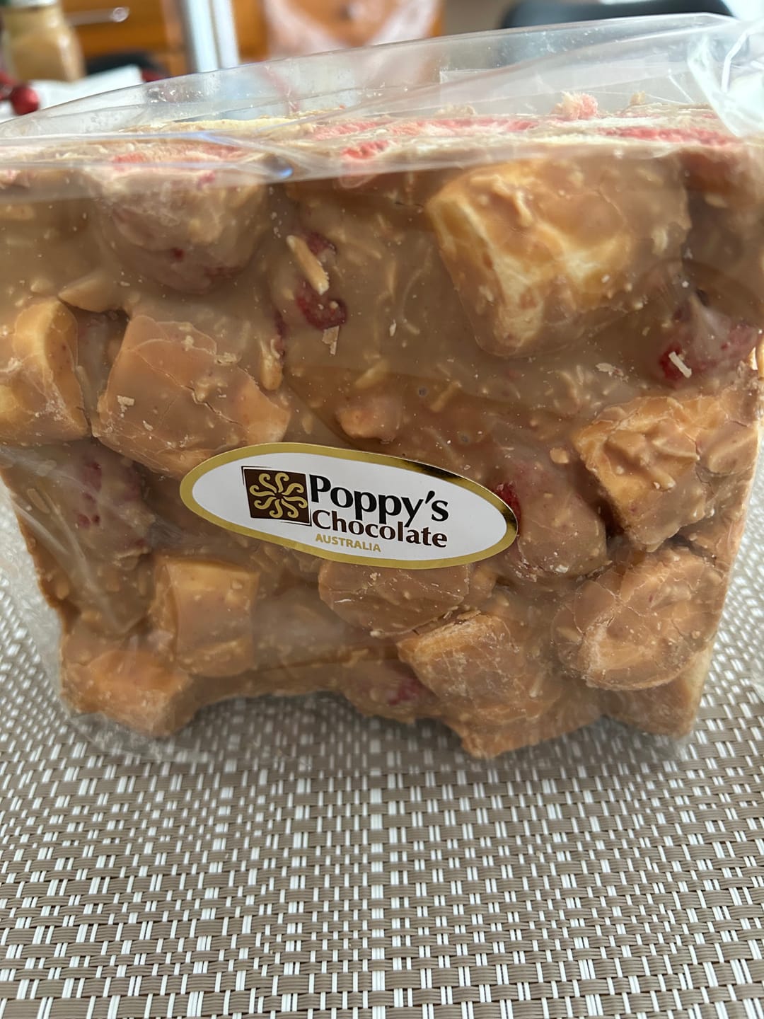 Customer photo review of Rocky Road Strawberries and Almond Caramel Chocolate Block 500g