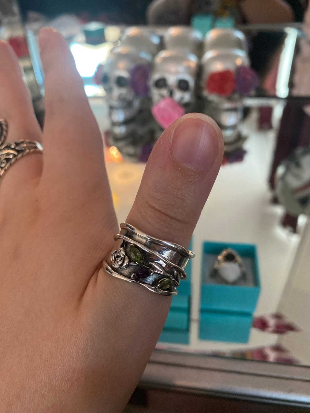 Customer photo review of Rose Flower Fidget Ring with Green and Purple Amethyst