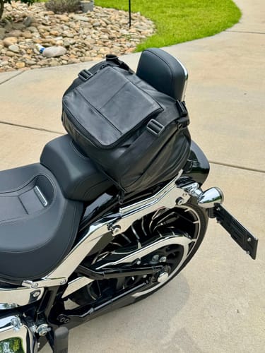 Customer photo review of Leather Roll Bag Mounts to Sissy Bar Easily (14X10X10)