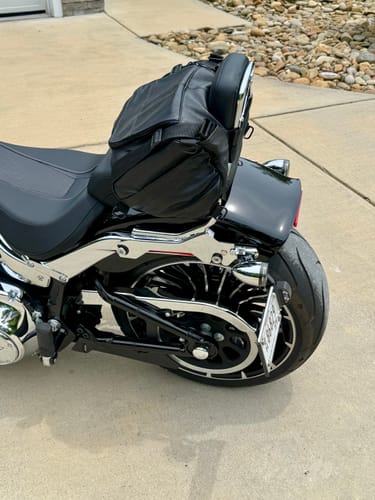 Customer photo review of Leather Roll Bag Mounts to Sissy Bar Easily (14X10X10)