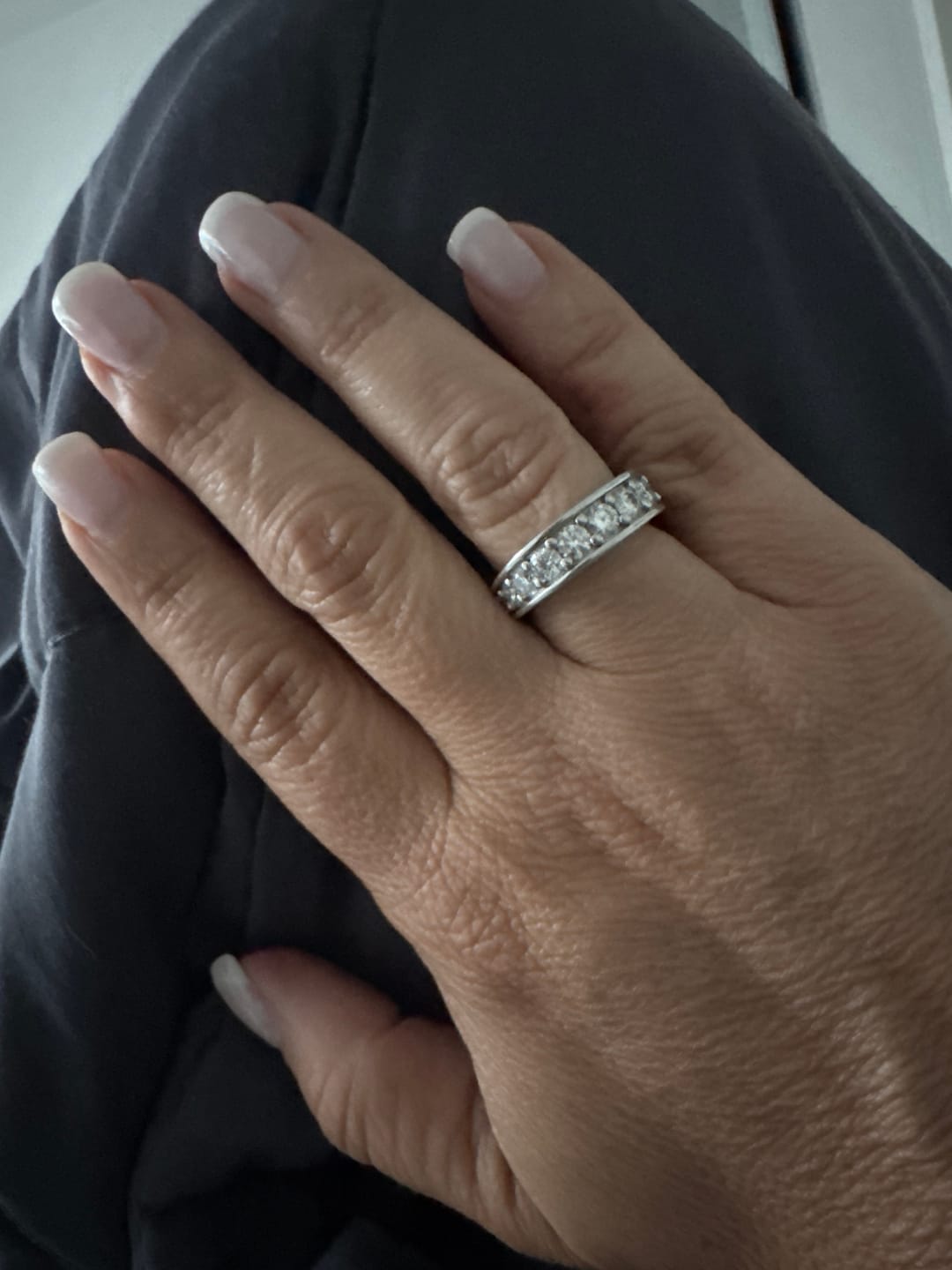 Customer photo review of Triple Channel Set Moissanite Half Eternity Wedding Band