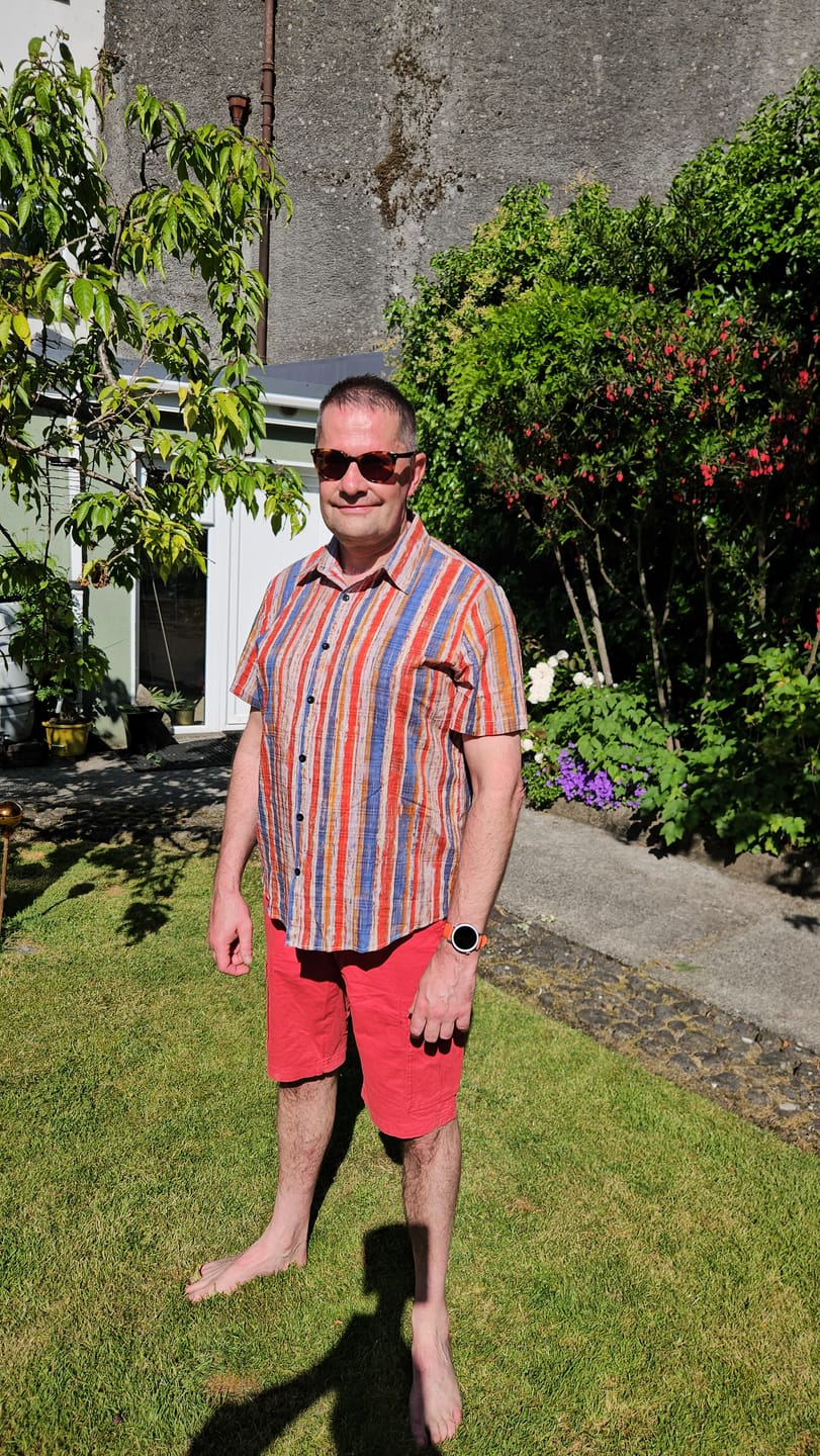 Customer photo review of Men's Casual Retro Multicolor Striped Holiday Button Up Short Sleeve Shirt
