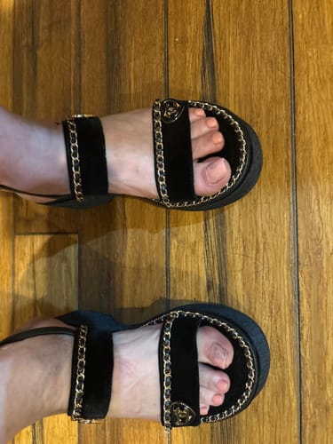 Customer photo review of THICK-SOLED CHAIN HEART SANDAL IN BLACK VELVET