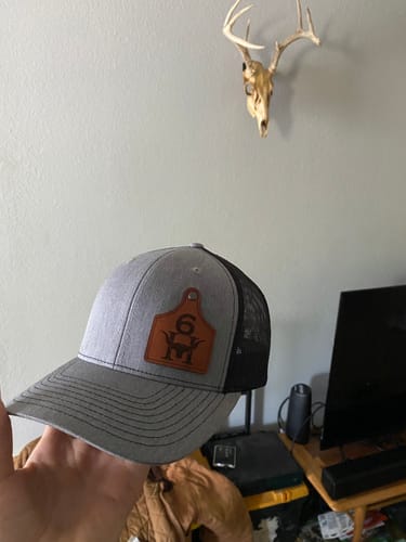 Customer photo review of Ear Tag Custom Leather Patch Trucker Hat - Richardson 112