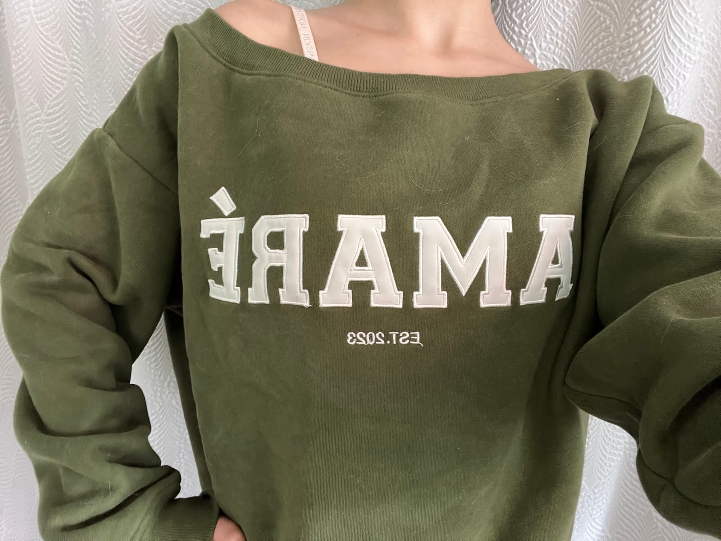 Customer photo review of "Becoming her." off the shoulder crewneck (green)