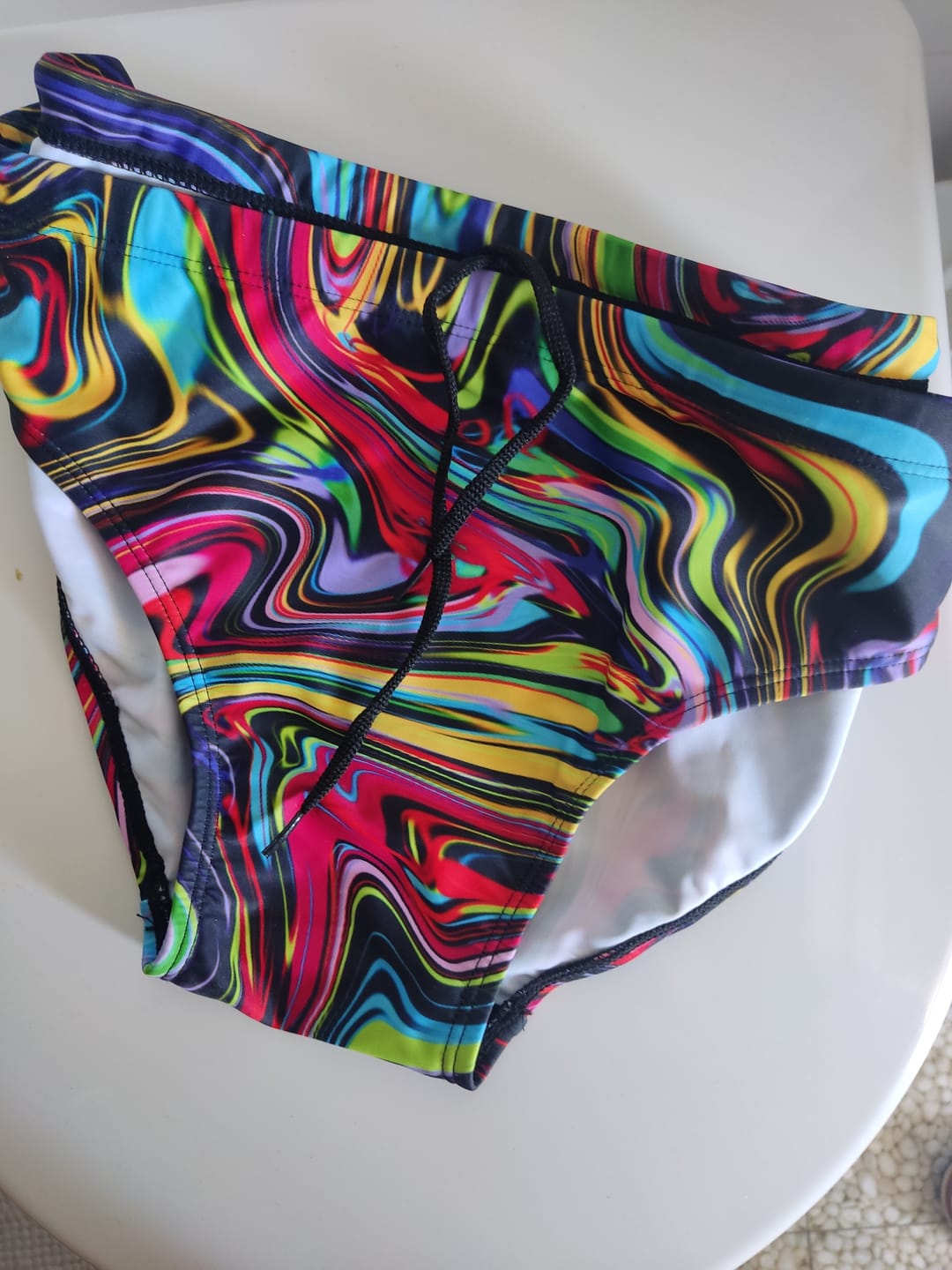 Customer photo review of Men's Nautical Stripe Swim Briefs with Removable Pad