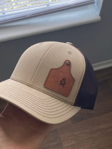 Customer photo review of Ear Tag Custom Leather Patch Trucker Hat - Richardson 112