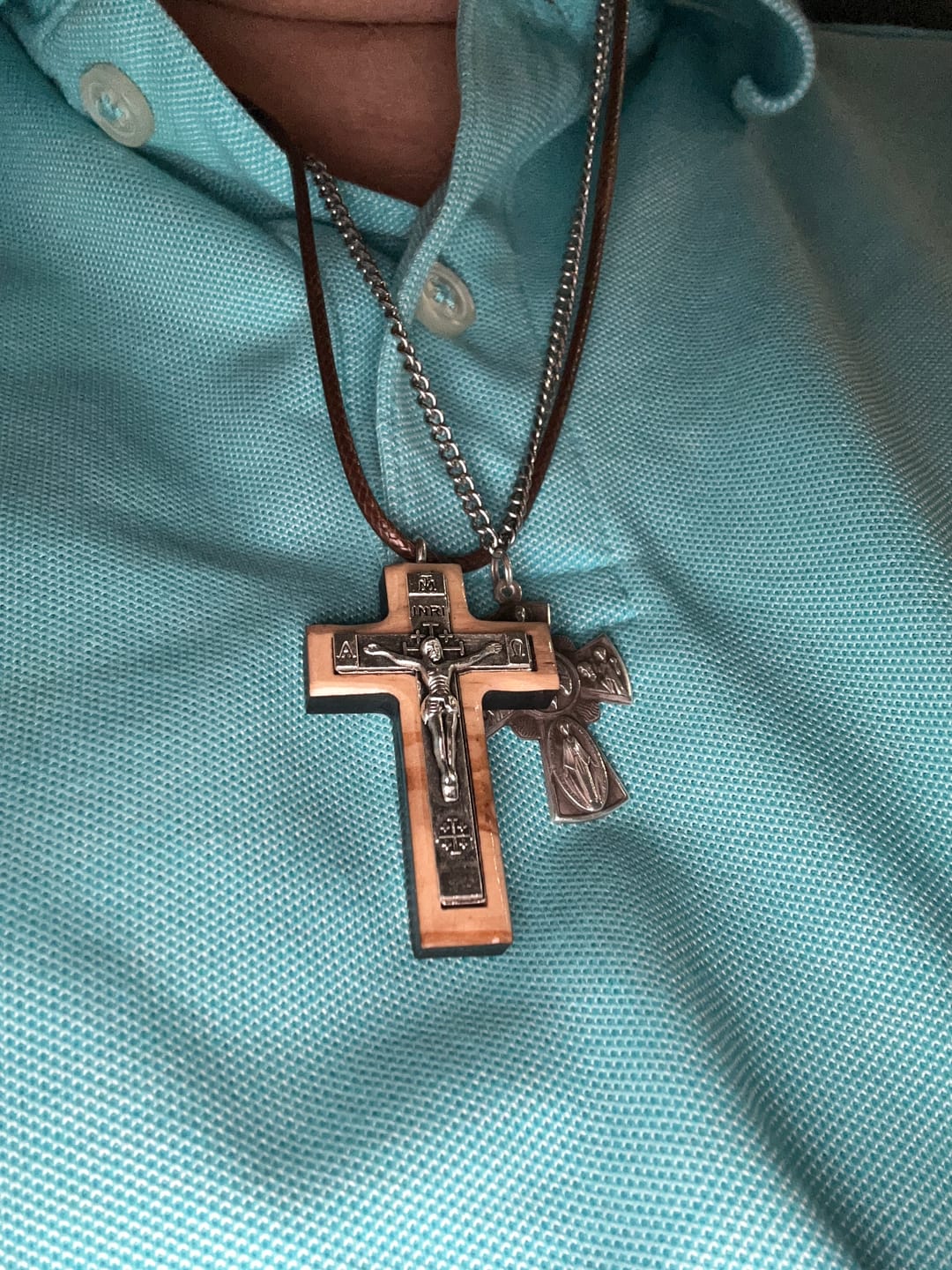 Customer photo review of Holy Land Olive Wood Pendant with Metal Crucifix