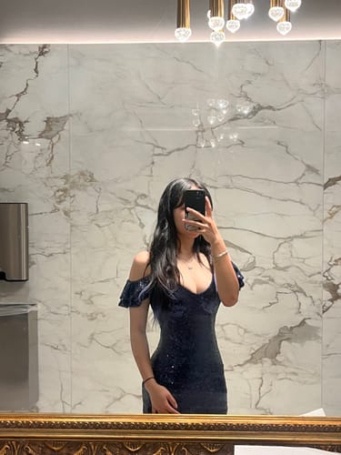 Customer photo review of Scarlet Navy Sequin Cold Shoulder Gown by Theia Couture - RENTAL