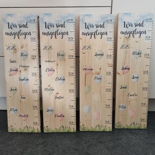 Kundenbewertung mit Foto zu Messlatte als Abschiedsgeschenk - Ballons - mit Namen der Kinder aus Holz