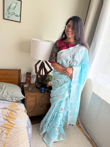 Customer photo review of Snow Bound Embroidery Linen Saree