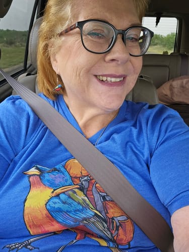 Customer photo review of Painted Bunting Backpacker V-Neck T-Shirt
