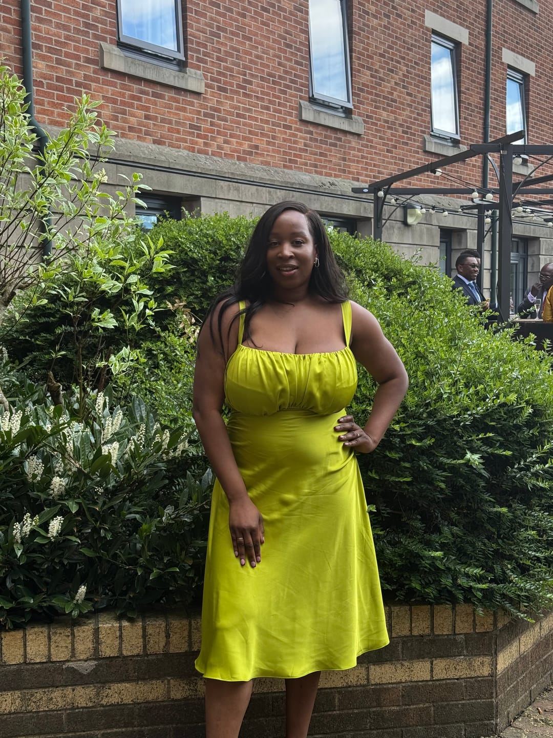 Customer photo review of 'Adrienne' Chartreuse Fuller Bust Satin Midi Dress