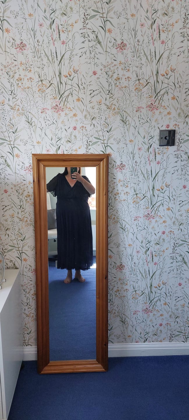 Customer photo review of Victoria Solid Navy Angel Sleeve Mesh Midi Dress