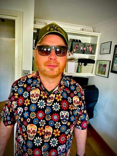 Customer photo review of Men's Sugar Skull Punk Rock Holiday Cool Beach Short Sleeve Summer Shirt