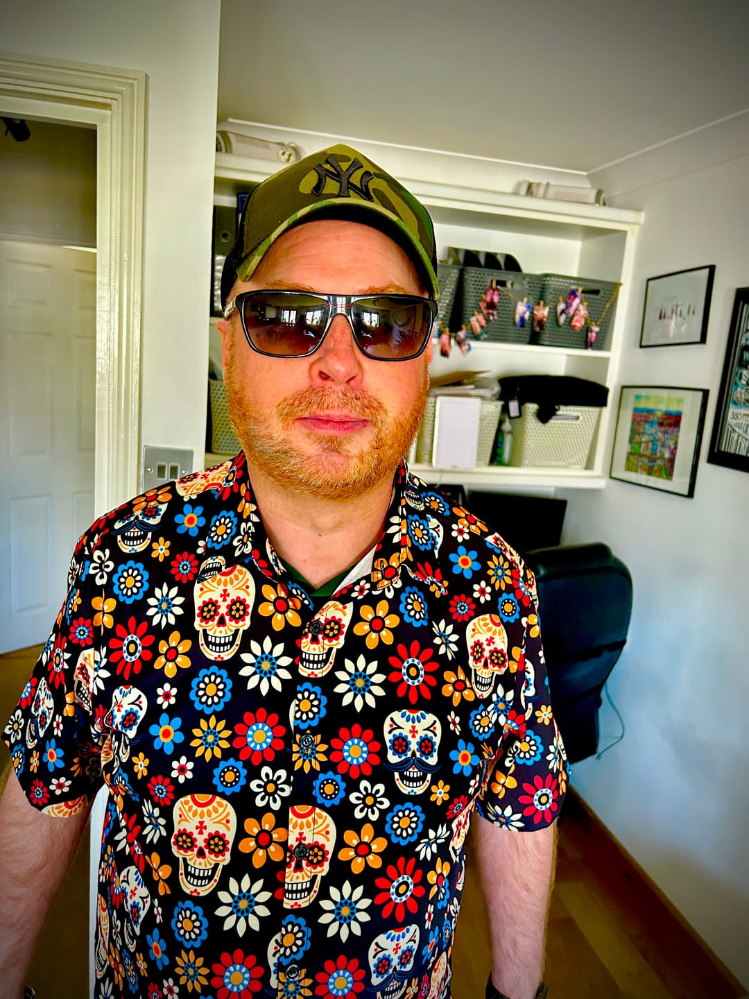 Customer photo review of Men's Sugar Skull Punk Rock Holiday Cool Beach Short Sleeve Summer Shirt