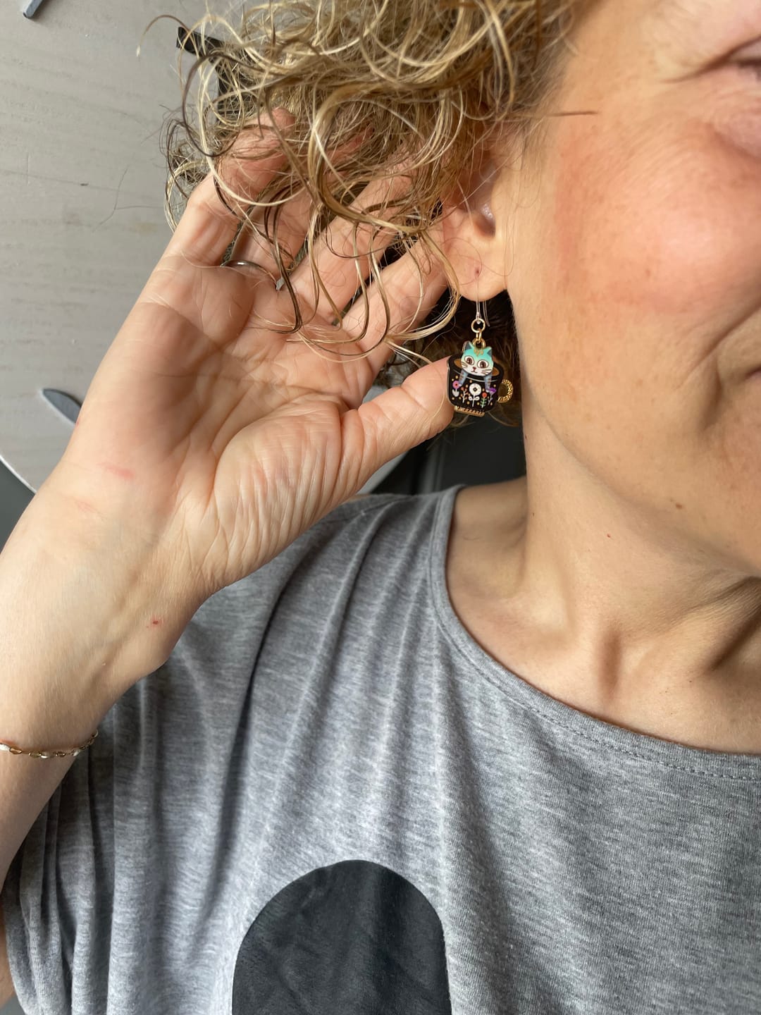 Customer photo review of Teacup Cat Dangles Hypoallergenic Earrings for Sensitive Ears Made with Plastic Posts