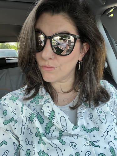 Customer photo review of Science Green Microbes White Curvy Button Up Shirt