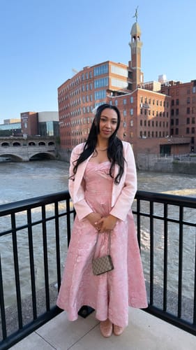 Customer photo review of Alivia Tea Length Dress by Bariano - RENTAL