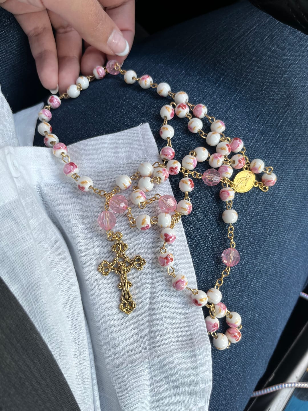 Customer photo review of FREE Today: Miraculous Medal & Crucifix of 8 mm Round Floral Pink Ceramic Alloy Chain Rosary